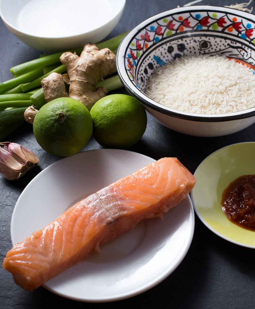 Coconut-lime rice with steamed salmon