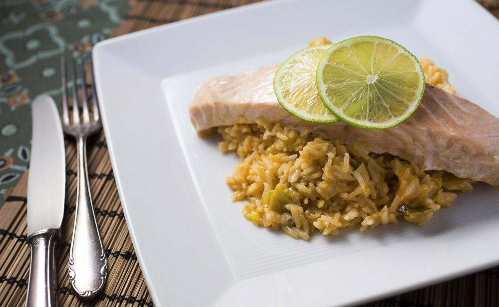 Coconut-lime rice with steamed salmon