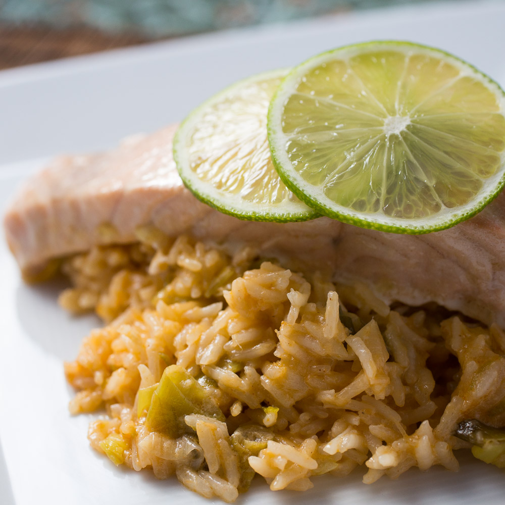 Coconut-lime rice with steamed salmon