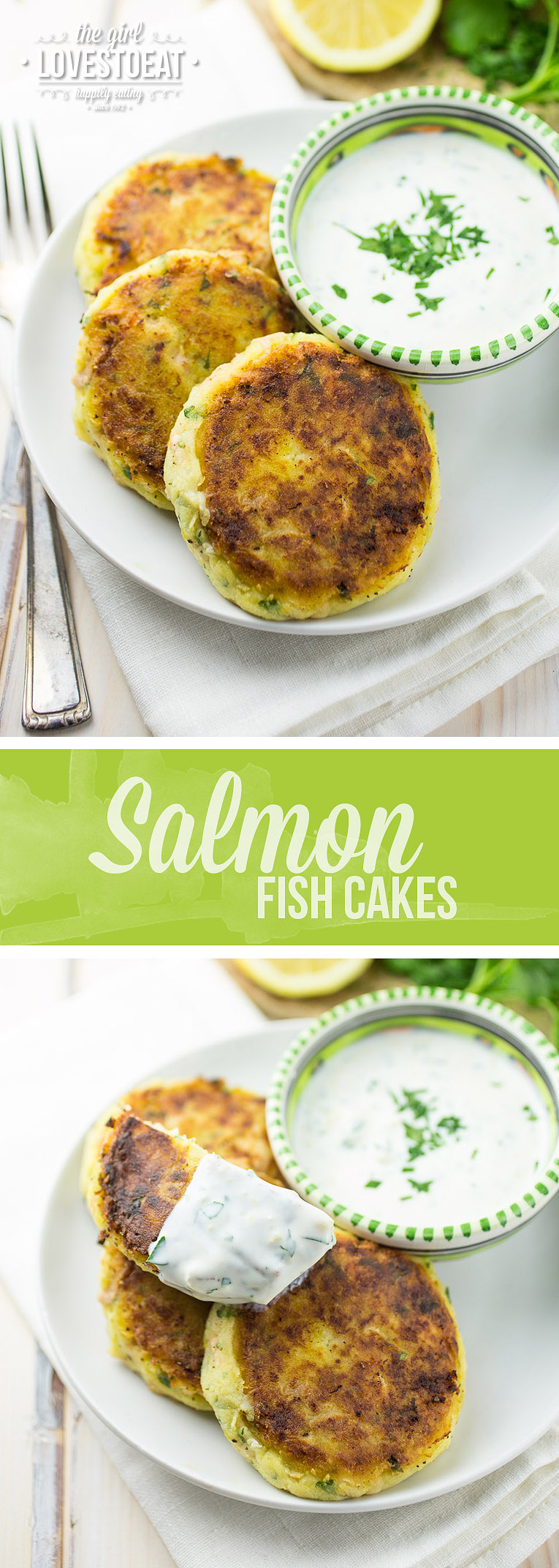 Salmon Fishcakes with Lemon Yoghurt Dip { thegirllovestoeat.com }