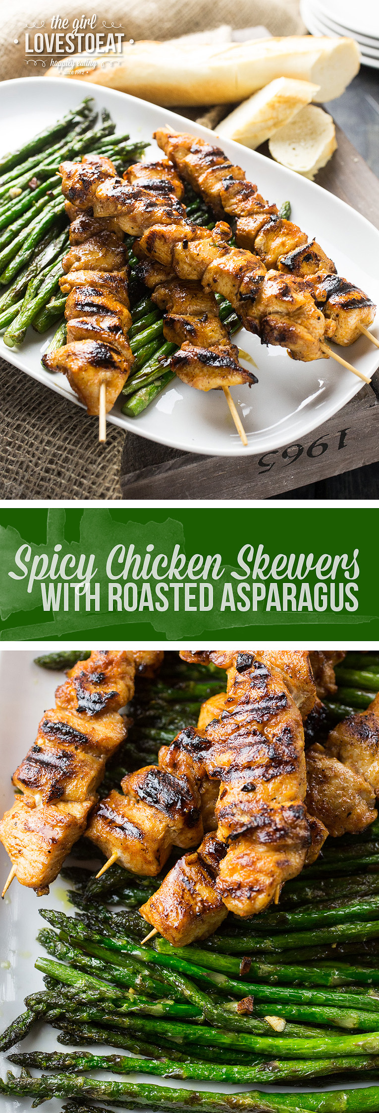 Spicy chicken skewers with roasted asparagus { thegirllovestoeat.com }