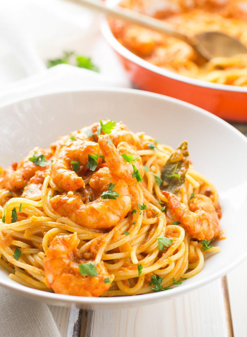 Spicy tomato and shrimp pasta { thegirllovestoeat.com }