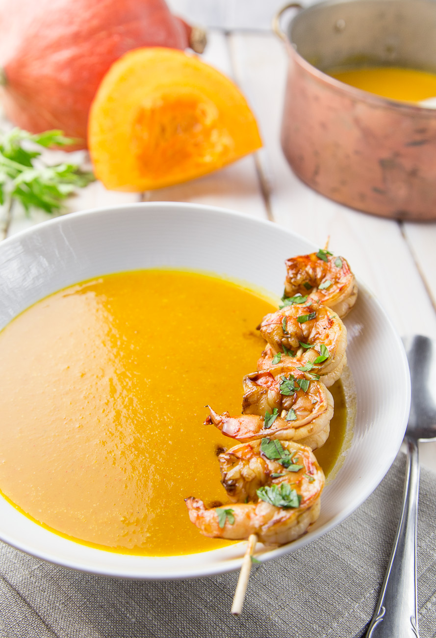 Pumpkin soup with teriyaki prawns { thegirllovestoeat.com }