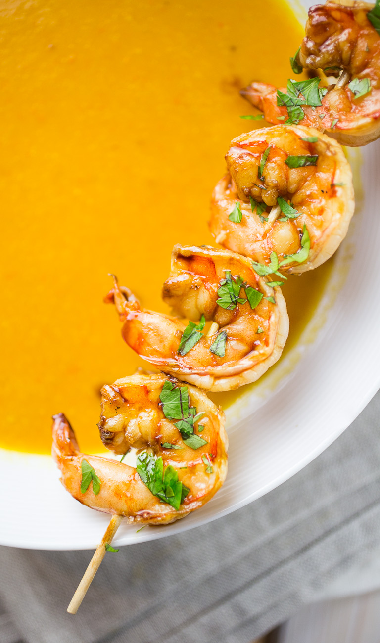 Pumpkin soup with teriyaki prawns { thegirllovestoeat.com }