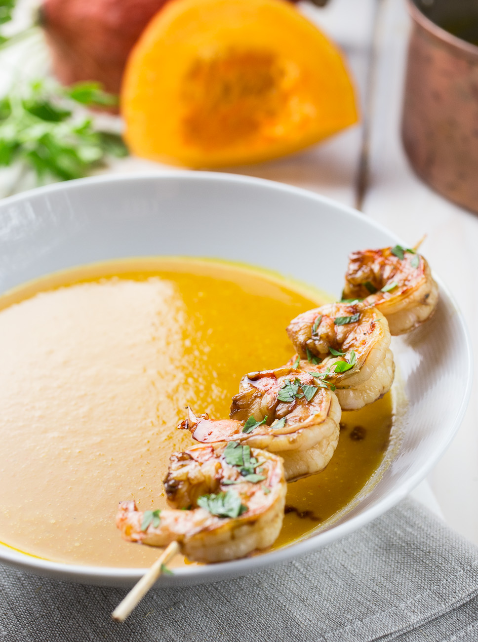 Pumpkin soup with teriyaki prawns { thegirllovestoeat.com }