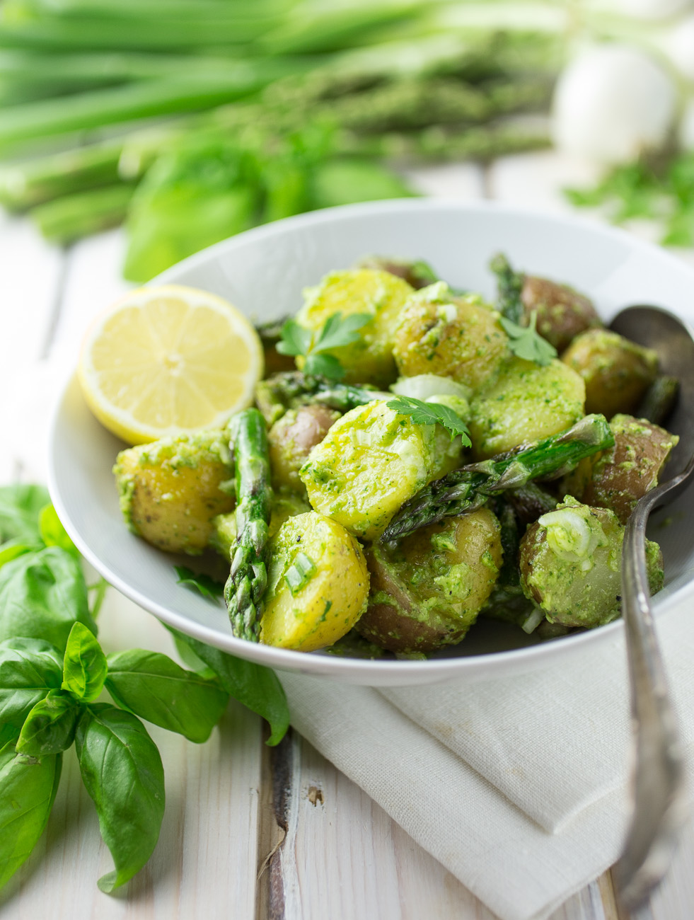 Pesto Potato Salad with Asparagus { thegirllovestoeat.com }