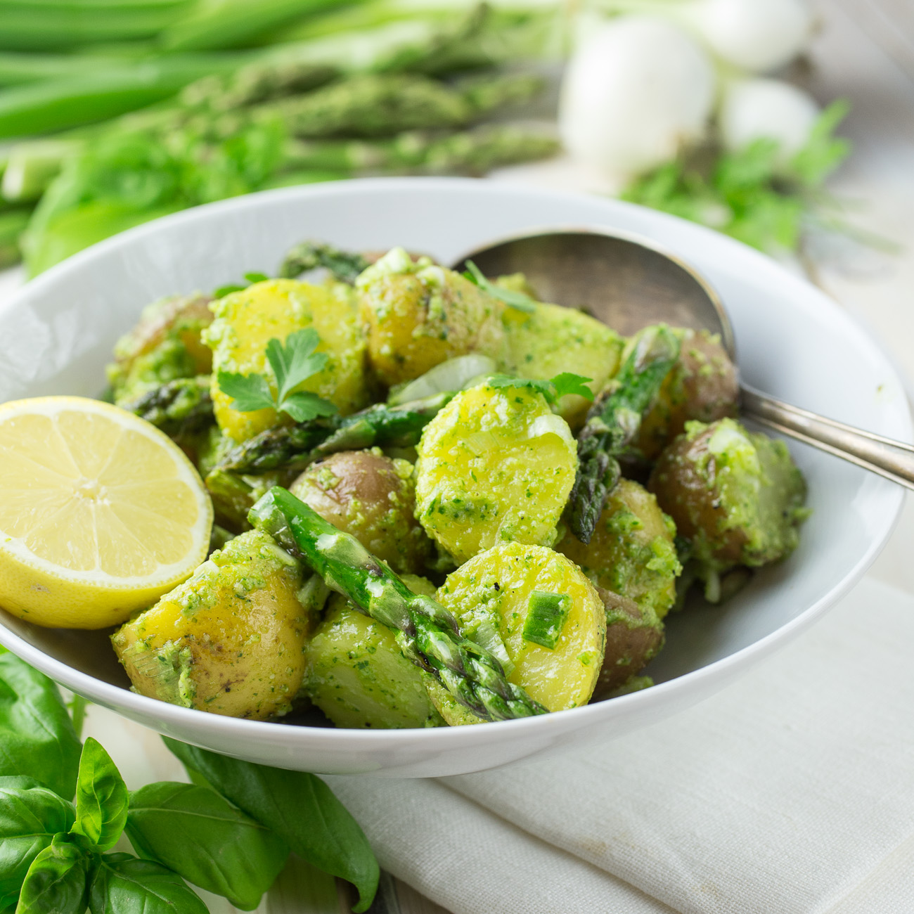 Pesto Potato Salad with Asparagus { thegirllovestoeat.com }