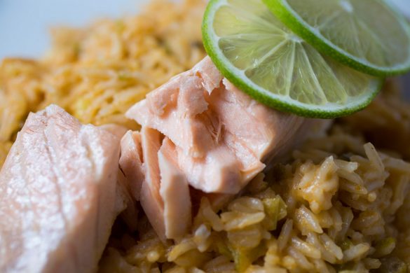 Coconut-lime rice with steamed salmon