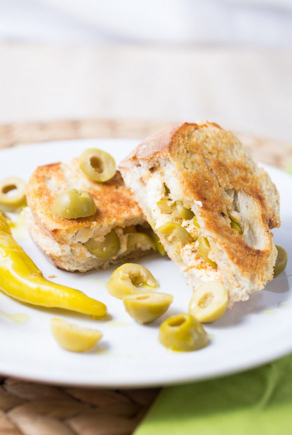 Feta, green olives and hot pepper grilled cheese The Girl Loves To Eat