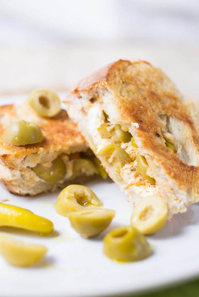 Feta, green olives and hot pepper grilled cheese The Girl Loves To Eat