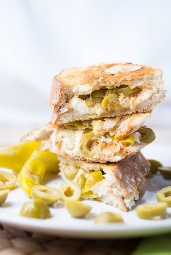 Feta, green olives and hot pepper grilled cheese The Girl Loves To Eat